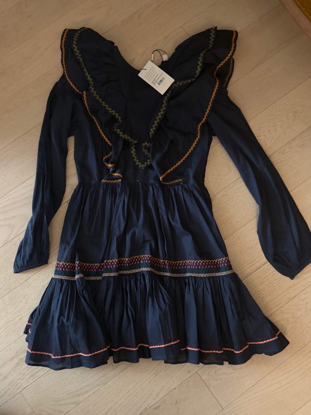 RARE Something Navy Navy Blue Ruffle Trim Dress with Colorful Details